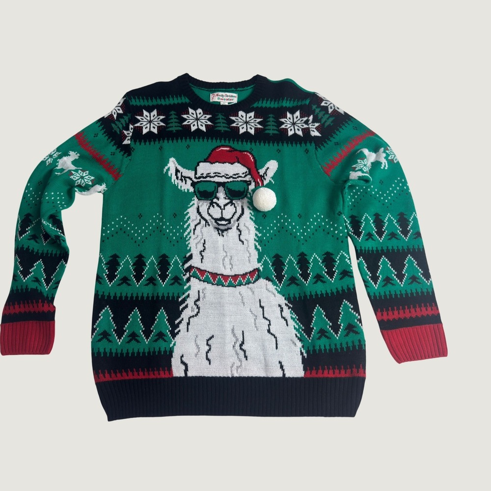 Alpaca Novelty Christmas Sweater Mens NEW Large Green Llama Sunglasses Santa